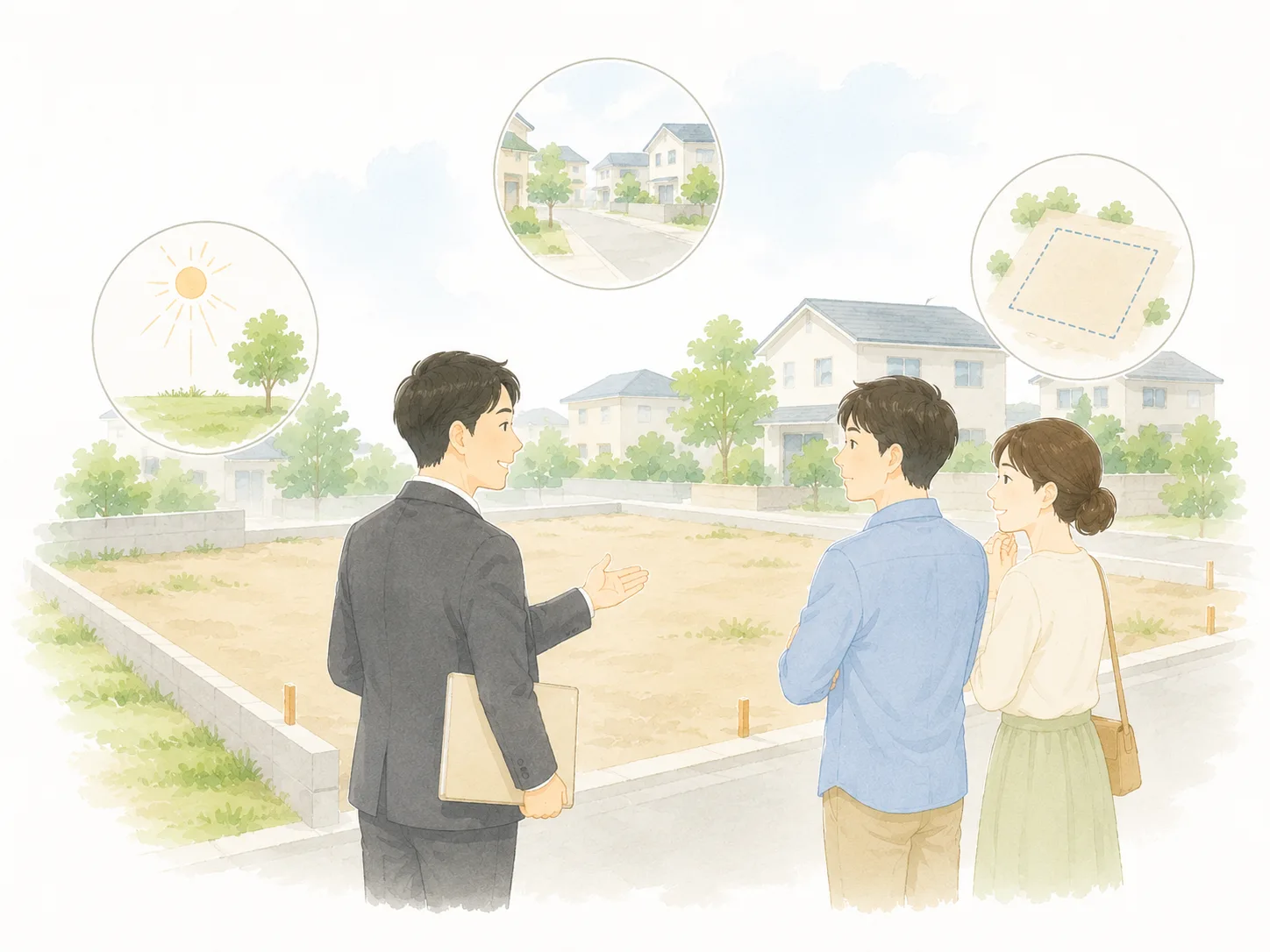 土地の現地確認について相談するイラスト